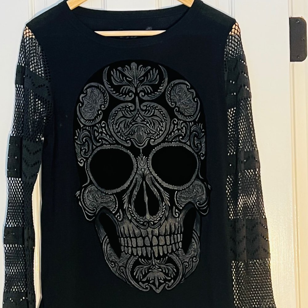 Black on Black Velvet Skull Shirt